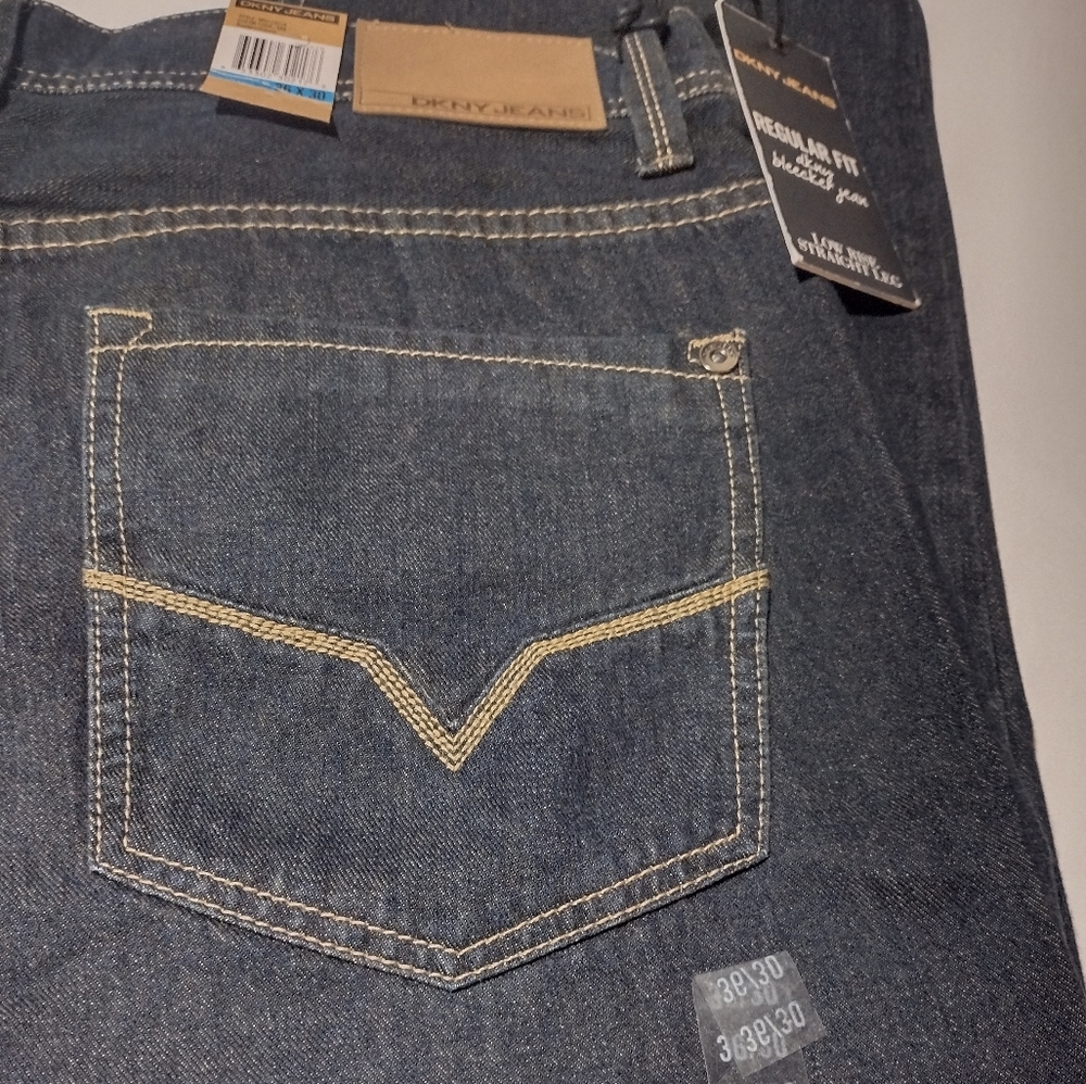 DKNY Bleeker Dark Blue Wash Regular Fit Low Rise Straight Leg Jeans - Picture 13 of 16
